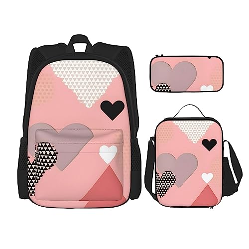 Abstrakter Liebesdiagramm Rucksack 3-teilig Schultasche mit Lunchbox und Federmäppchen Set > Geeignet für Jungen und Mädchen, Schwarz , Einheitsgröße, Kinderrucksack von BHCASE