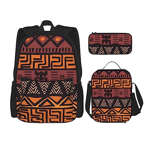 Afrikanischer Matschstoff Tribal Rucksack 3-teiliges Schulranzen mit Brotdose und Federmäppchen Set : Geeignet für Jungen und Mädchen, Schwarz , Einheitsgröße, Kinderrucksack von BHCASE