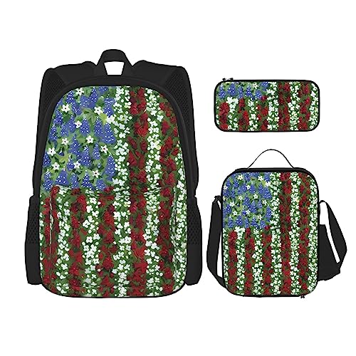 Amerika Patriotische Blume Rucksack 3-teilig Schulranzen mit Lunchbox und Federmäppchen Set - Geeignet für Jungen und Mädchen, Schwarz , Einheitsgröße, Kinderrucksack von BHCASE