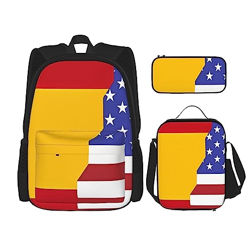 Amerikanische Spanien Flagge Rucksack 3-teilig Schulranzen mit Lunchbox und Federmäppchen Set > Geeignet für Jungen und Mädchen, Schwarz , Einheitsgröße, Kinderrucksack von BHCASE