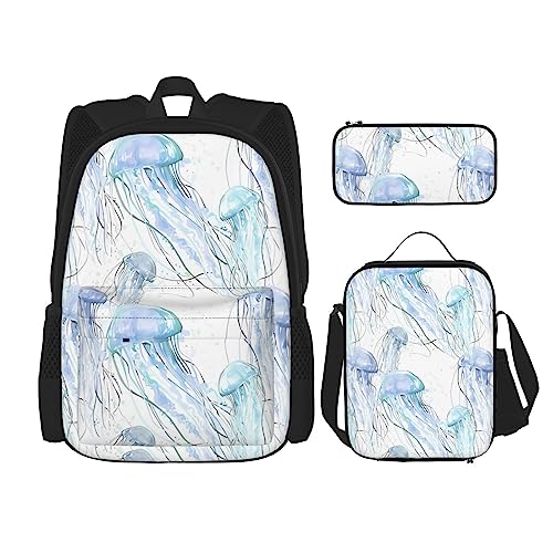 Aquarell-3D-Quallen-Rucksack, 3-teilig, Schulranzen mit Lunchbox und Federmäppchen, geeignet für Jungen und Mädchen, Schwarz , Einheitsgröße, Kinderrucksack von BHCASE