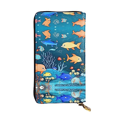 BHCASE Blue Underwater World of Fish Lange Clutch aus Leder, 19 x 10 cm, bequem, leicht, wasserdicht, langlebig, schön, Schwarz, Einheitsgröße, Schwarz , Einheitsgröße von BHCASE