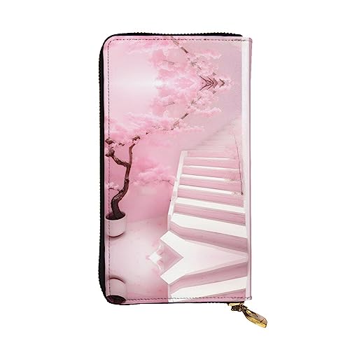 BHCASE Cherry Blossom White Staircase Leather Long Clutch Wallet - 7.48x4.13 Inch Comfortable Lightweight Waterproof Durable Nice, Black, One Size, Schwarz , Einheitsgröße von BHCASE