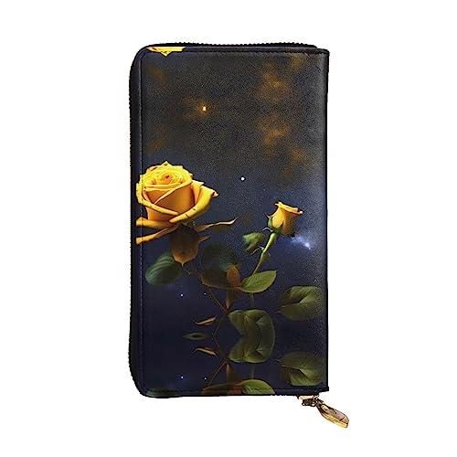 BHCASE Gelbe Rosen Sternennacht Leder lange Clutch Geldbörse – 19 x 10 cm bequem leicht wasserdicht langlebig schön, schwarz, Einheitsgröße, Schwarz , Einheitsgröße von BHCASE