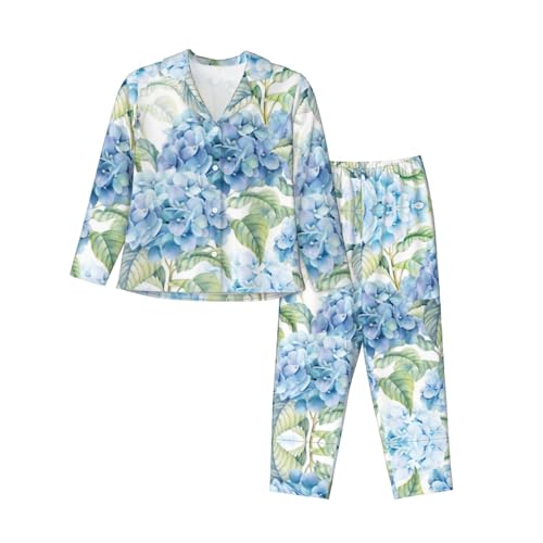 BHCASE Langärmeliges Damen-Pyjama-Set mit Hortensien-Aufdruck. Größe: Der Stoff ist weich, atmungsaktiv und bequem, Schwarz , 38 von BHCASE