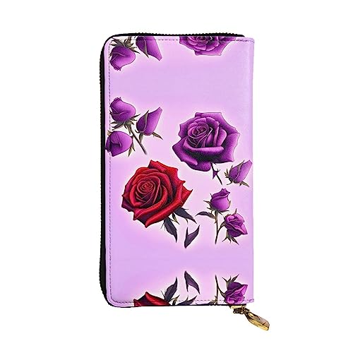 BHCASE Rote und violette Rosen Leder lange Clutch Geldbörse – 19 x 10 cm bequem leicht wasserdicht langlebig schön, schwarz, Einheitsgröße, Schwarz , Einheitsgröße von BHCASE