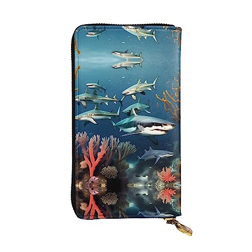 BHCASE Sharks Under The Sea Leder-Clutch-Geldbörse, 19 x 10 cm, bequem, leicht, wasserdicht, langlebig, schön, schwarz, Einheitsgröße, Schwarz , Einheitsgröße von BHCASE