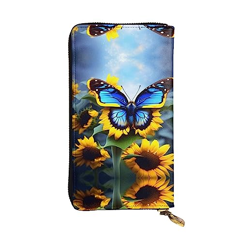 BHCASE Sunflower Blue Butterfly Leather Long Clutch Wallet - 7.48x4.13 Inch Comfortable Lightweight Waterproof Durable Nice, Black, One Size, Schwarz , Einheitsgröße von BHCASE