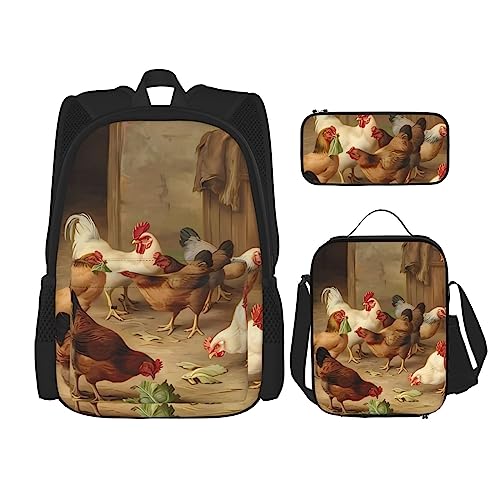 Bauernhof Hühner Rucksack 3-teilig Schulranzen mit Brotdose und Federmäppchen Set :>> Geeignet für Jungen und Mädchen, Schwarz , Einheitsgröße, Kinderrucksack von BHCASE