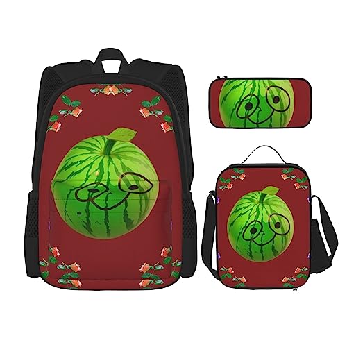 Big Eye Wassermelone Rucksack 3-teilig Schulranzen mit Brotdose und Federmäppchen Set : geeignet für Jungen und Mädchen, Schwarz , Einheitsgröße, Kinderrucksack von BHCASE