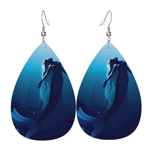 Blauer Meerjungfrauen-Druck, modische Tropfen-Ohrringe, Anhänger, stilvoll und schön, leicht, baumelnd für Damen und Mädchen, Einheitsgröße, Leder von BHCASE