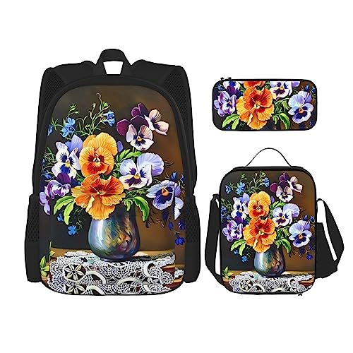 Blumen Diamant Malerei Rucksack 3-Teilig Schultasche mit Brotdose und Federmäppchen Set > Geeignet für Jungen und Mädchen, Schwarz , Einheitsgröße, Kinderrucksack von BHCASE