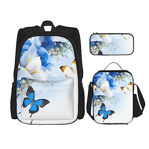 Blumen und Schmetterling Rucksack 3-teilig Schulranzen mit Brotdose und Federmäppchen Set - Geeignet für Jungen und Mädchen, Schwarz , Einheitsgröße, Kinderrucksack von BHCASE