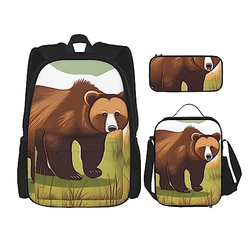 Brown Bear Wanderrucksack 3-teilig Schulranzen mit Brotdose und Federmäppchen Set - Geeignet für Jungen und Mädchen, Schwarz , Einheitsgröße, Kinderrucksack von BHCASE