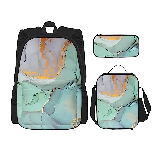 Bunte Marmor Rucksack 3-teilig Schulranzen mit Brotdose und Federmäppchen Set - Geeignet für Jungen und Mädchen, Schwarz , Einheitsgröße, Kinderrucksack von BHCASE