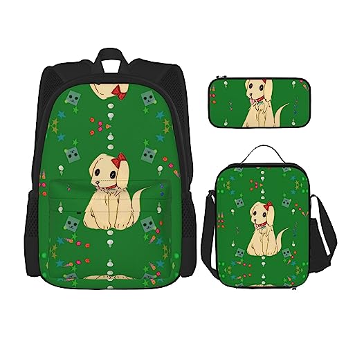 Cartoon Hund auf Gras Rucksack 3-teilig Schulranzen mit Brotdose und Federmäppchen Set - Geeignet für Jungen und Mädchen, Schwarz , Einheitsgröße, Kinderrucksack von BHCASE