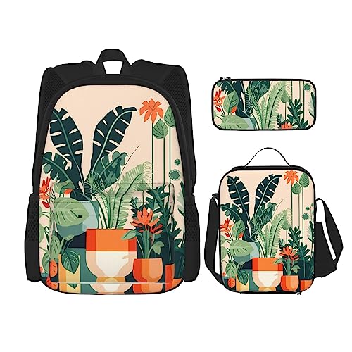 Cartoon Kleine Grüne Pflanze Rucksack 3-Teilig Schulranzen mit Brotdose und Federmäppchen Set - Geeignet für Jungen und Mädchen, Schwarz , Einheitsgröße, Kinderrucksack von BHCASE