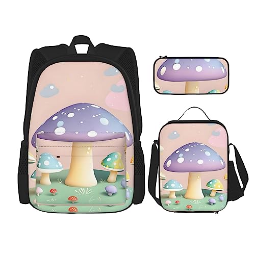 Cartoon Pilz Rucksack 3-teilig Schulranzen mit Brotdose und Federmäppchen Set - Geeignet für Jungen und Mädchen, Schwarz , Einheitsgröße, Kinderrucksack von BHCASE