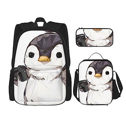 Cartoon Pinguin Rucksack 3-teilig Schulranzen mit Brotdose und Federmäppchen Set :Geeignet für Jungen und Mädchen, Schwarz , Einheitsgröße, Kinderrucksack von BHCASE