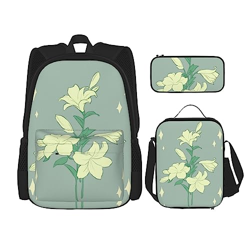 Cartoon Weiße Lilien Rucksack 3-teilig Schulranzen mit Lunchbox und Federmäppchen Set - Geeignet für Jungen und Mädchen, Schwarz , Einheitsgröße, Kinderrucksack von BHCASE