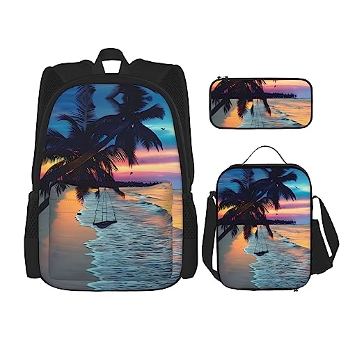 Coconut Beach Sunset Hängematten-Rucksack 3-teilig Schulranzen mit Brotdose und Federmäppchen Set: geeignet für Jungen und Mädchen, Schwarz , Einheitsgröße, Kinderrucksack von BHCASE