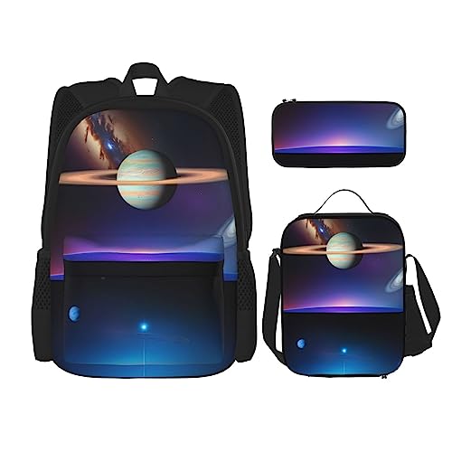 Cosmic Saturn Rucksack 3-teilig Schulranzen mit Brotdose und Federmäppchen Set - Geeignet für Jungen und Mädchen, Schwarz , Einheitsgröße, Kinderrucksack von BHCASE