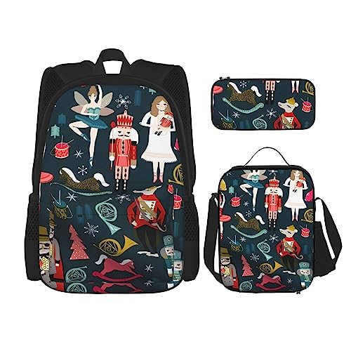 Damen Nussknacker Ballett Xmas Dance Rucksack 3-teiliges Schulranzen mit Lunchbox und Federmäppchen Set :Geeignet für Jungen und Mädchen, Schwarz , Einheitsgröße, Kinderrucksack von BHCASE