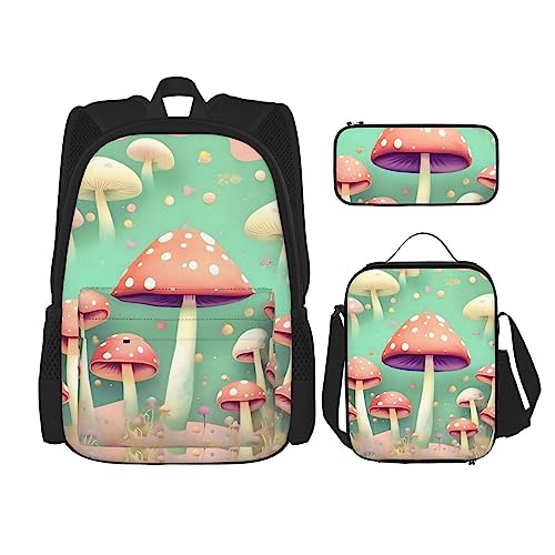 Dream Mushroom Rucksack 3-teilig Schulranzen mit Brotdose und Federmäppchen Set :>> Geeignet für Jungen und Mädchen, Schwarz , Einheitsgröße, Kinderrucksack von BHCASE