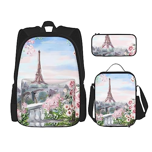 Eiffelturm Paris View Rucksack 3-teilig Schulranzen mit Brotdose und Federmäppchen Set > Geeignet für Jungen und Mädchen, Schwarz , Einheitsgröße, Kinderrucksack von BHCASE