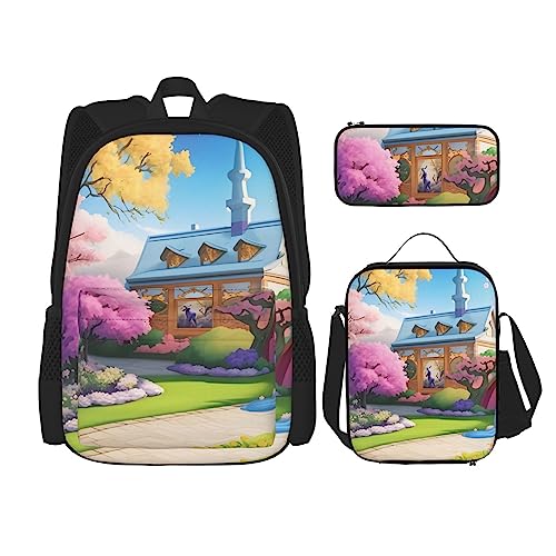 Einhorn Märchen Rucksack 3-teilig Schulranzen mit Brotdose und Federmäppchen Set - Geeignet für Jungen und Mädchen, Schwarz , Einheitsgröße, Kinderrucksack von BHCASE