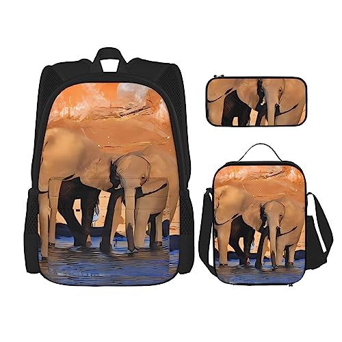 Elefanten Art Rucksack 3-teilig Schulranzen mit Brotdose und Federmäppchen Set > Geeignet für Jungen und Mädchen, Schwarz , Einheitsgröße, Kinderrucksack von BHCASE
