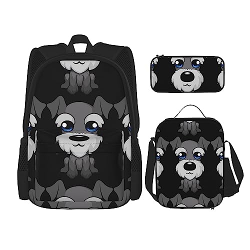 Entzückender Schnauzer Rucksack 3-teilig Schulranzen mit Brotdose und Federmäppchen Set > Geeignet für Jungen und Mädchen, Schwarz , Einheitsgröße, Kinderrucksack von BHCASE