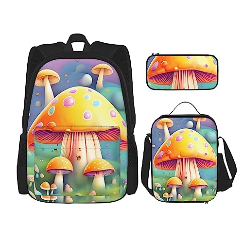 Fantasy Dream Pilz Rucksack 3-teilig Schulranzen mit Brotdose und Federmappe Set :Geeignet für Jungen und Mädchen, Schwarz , Einheitsgröße, Kinderrucksack von BHCASE