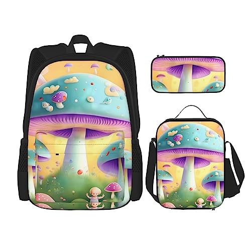 Fantasy Pilz Rucksack 3-teilig Schulranzen mit Brotdose und Federmäppchen Set > Geeignet für Jungen und Mädchen, Schwarz , Einheitsgröße, Kinderrucksack von BHCASE