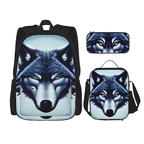 Fierce Wolf Head Rucksack 3-teilig Schulranzen mit Brotdose und Federmäppchen Set :>> Geeignet für Jungen und Mädchen, Schwarz , Einheitsgröße, Kinderrucksack von BHCASE