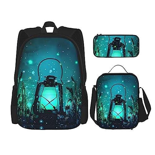 Fireflies and Lantern Rucksack 3-teilig Schulranzen mit Brotdose und Federmäppchen Set - Geeignet für Jungen und Mädchen, Schwarz , Einheitsgröße, Kinderrucksack von BHCASE