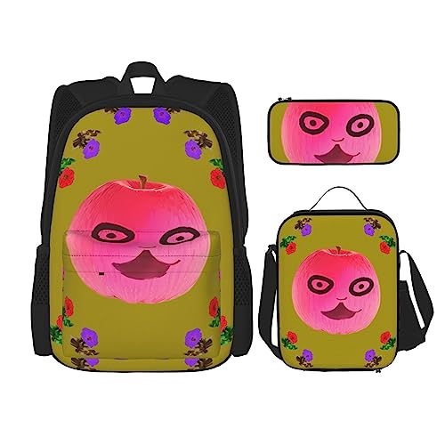 Funny Face Apple Rucksack 3-teilig Schulranzen mit Brotdose und Federmappe Set - Geeignet für Jungen und Mädchen, Schwarz , Einheitsgröße, Kinderrucksack von BHCASE