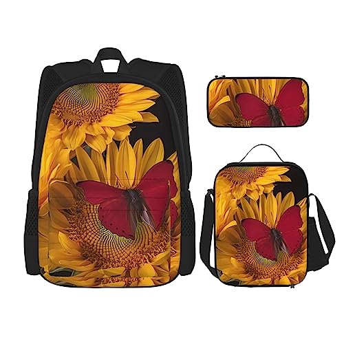 Gelbe Sonnenblumen mit rotem Schmetterling Rucksack 3-teilig Schulranzen mit Brotdose und Federmäppchen Set :>> Geeignet für Jungen und Mädchen, Schwarz , Einheitsgröße, Kinderrucksack von BHCASE