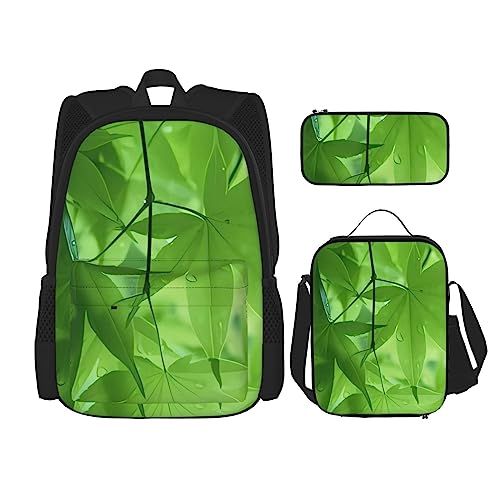 Green Leaf Nature Rucksack 3-teilig Schulranzen mit Brotdose und Federmappe Set : geeignet für Jungen und Mädchen, Schwarz , Einheitsgröße, Kinderrucksack von BHCASE