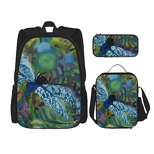 Handbemalter blauer Libellen-Rucksack 3-teiliges Schulranzen mit Lunchbox und Federmäppchen Set :>> Geeignet für Jungen und Mädchen, Schwarz , Einheitsgröße, Kinderrucksack von BHCASE