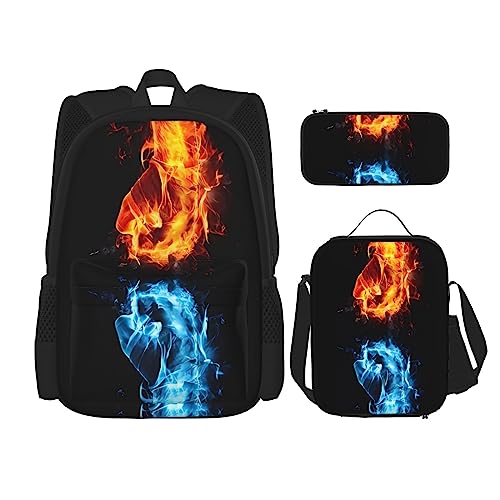 Ice and Fire Boxrucksack 3-teilig Schulranzen mit Brotdose und Federmäppchen Set > Geeignet für Jungen und Mädchen, Schwarz , Einheitsgröße, Kinderrucksack von BHCASE