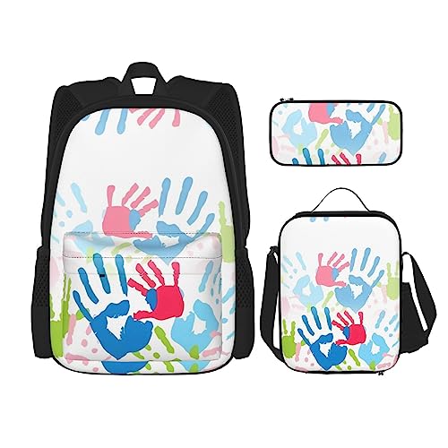 Kinder Handdruck Rucksack 3-teilige Schultasche mit Lunchbox und Federmäppchen Set > Geeignet für Jungen und Mädchen, Schwarz , Einheitsgröße, Kinderrucksack von BHCASE