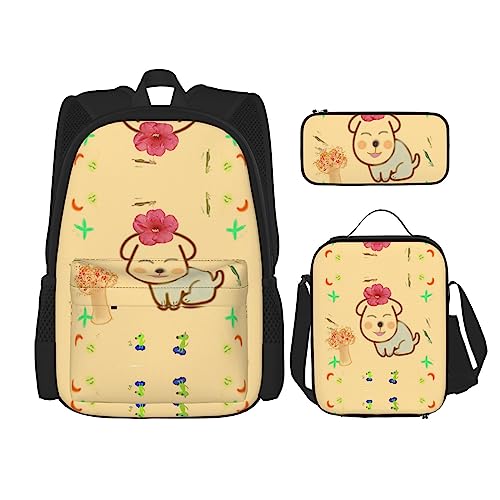 Little Flower mit süßem Hund Rucksack 3-teilig Schulranzen mit Brotdose und Federmäppchen Set > Geeignet für Jungen und Mädchen, Schwarz , Einheitsgröße, Kinderrucksack von BHCASE