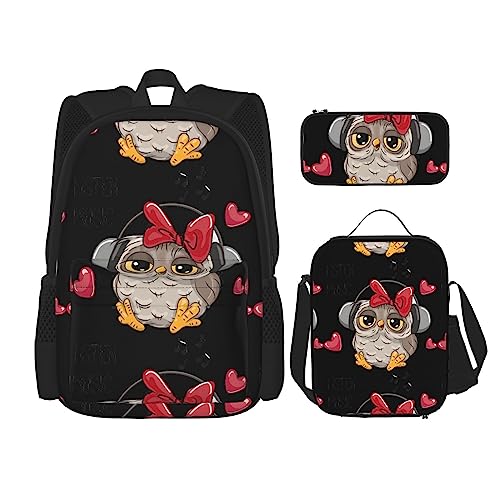 Love Owl Rucksack 3-teilig Schulranzen mit Brotdose und Federmäppchen Set - Geeignet für Jungen und Mädchen, Schwarz , Einheitsgröße, Kinderrucksack von BHCASE