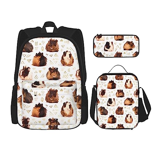 Meerschweinchen Rucksack 3-teilig Schulranzen mit Brotdose und Federmappe Set : für Jungen und Mädchen, Schwarz , Einheitsgröße, Kinderrucksack von BHCASE