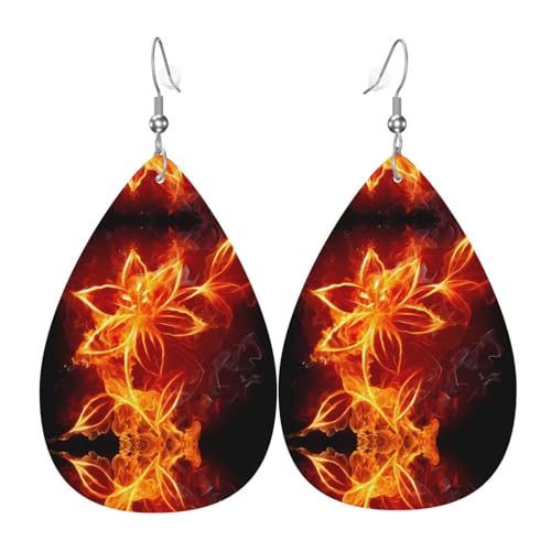 Modische Ohrringe mit Flaming-Feuerblumen-Motiv, stilvoll und schön, leicht, baumelnd für Damen und Mädchen, Einheitsgröße, Leder von BHCASE