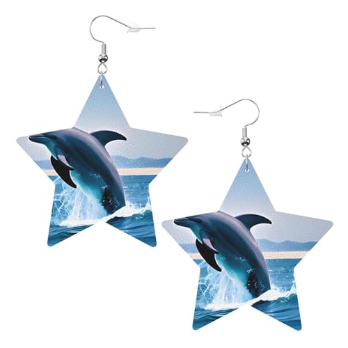 Modische Stern-Ohrringe mit aufspringenden Delfinen, stilvoll und schön, leicht, baumelnd für Frauen und Mädchen, Einheitsgröße, Leder von BHCASE