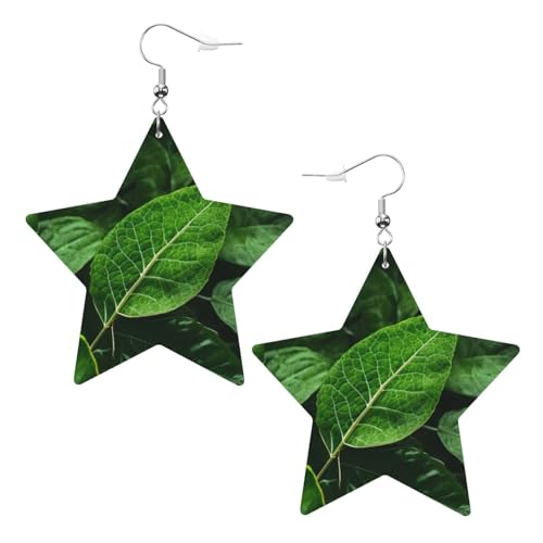 Modische Stern-Ohrringe mit grünen Blättern, natürlicher Druck, stilvoll und schön, leicht, baumelnd für Frauen und Mädchen, Einheitsgröße, Leder von BHCASE