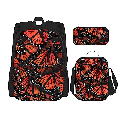 Monarch Butterflies Rucksack 3-teilig Schulranzen mit Brotdose und Federmäppchen Set - Geeignet für Jungen und Mädchen, Schwarz , Einheitsgröße, Kinderrucksack von BHCASE