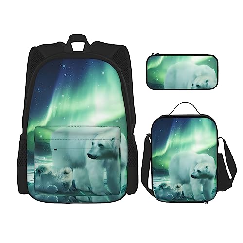 Northern Lights Rucksack Eisbär 3-teilig Schulranzen mit Brotdose und Federmäppchen Set : geeignet für Jungen und Mädchen, Schwarz , Einheitsgröße, Kinderrucksack von BHCASE